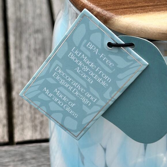 Murano Light Pastel Blue Confetti Glass Jar with Acacia Lid BPA Free Storage New - Picture 3 of 12